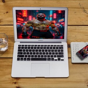 Może przedstawiać: Laptop MacBook Air wyświetlający cyfrowy obraz umięśnionego mężczyzny z tekstem "Blood and Redemption: An Urban MMA Saga". Obok laptopa znajduje się smartfon i notatnik. W pobliżu stoi szklanka wody.