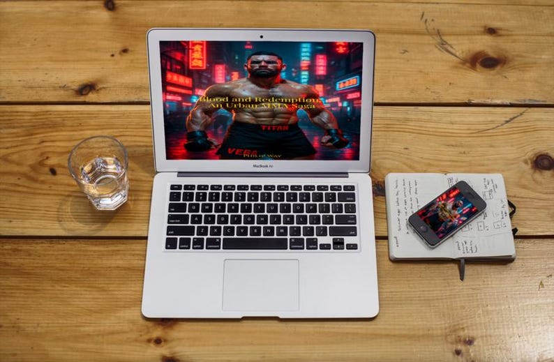 Może przedstawiać: Laptop MacBook Air wyświetlający cyfrowy obraz umięśnionego mężczyzny z tekstem "Blood and Redemption: An Urban MMA Saga". Obok laptopa znajduje się smartfon i notatnik. W pobliżu stoi szklanka wody.
