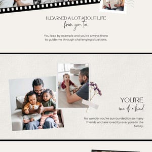 Puede incluir: Un collage que presenta m&uacute;ltiples fotograf&iacute;as en blanco y negro y a color de padres e hijos, acentuado con flores secas y texto que incluye "I learned a lot about life from you, too," "You're one of a kind," y "My loving Dad."