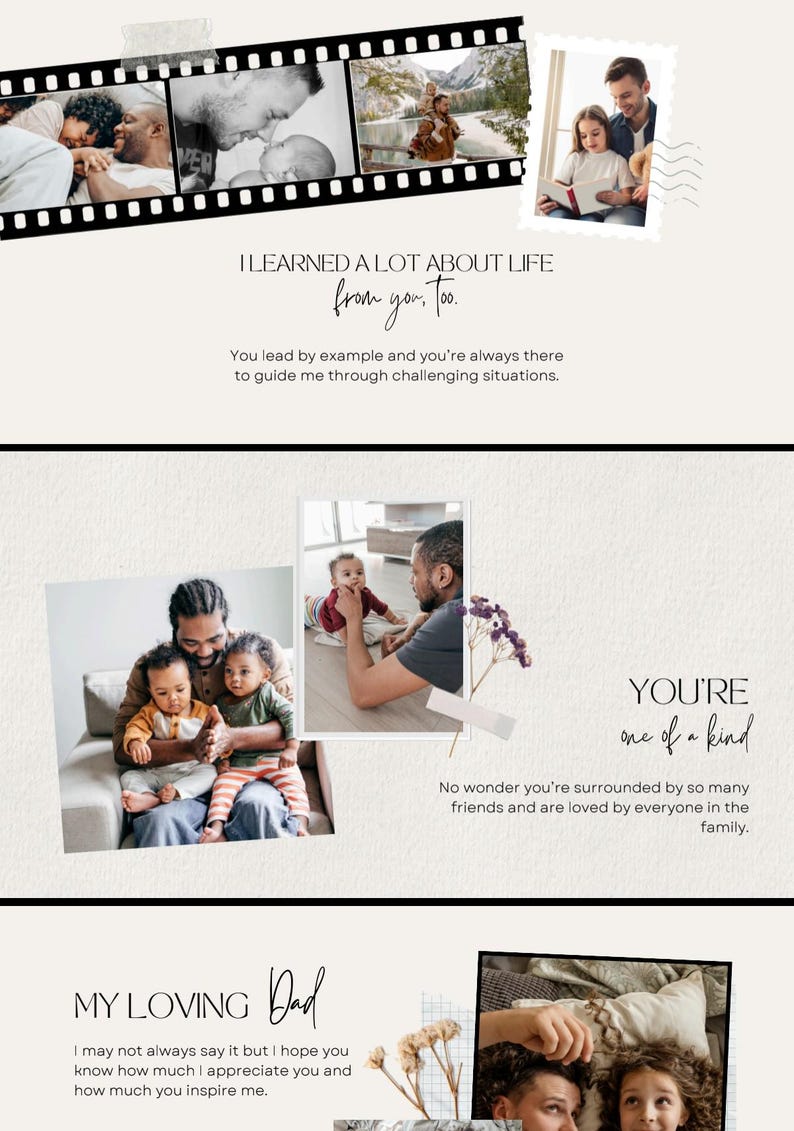 Puede incluir: Un collage que presenta m&uacute;ltiples fotograf&iacute;as en blanco y negro y a color de padres e hijos, acentuado con flores secas y texto que incluye "I learned a lot about life from you, too," "You're one of a kind," y "My loving Dad."