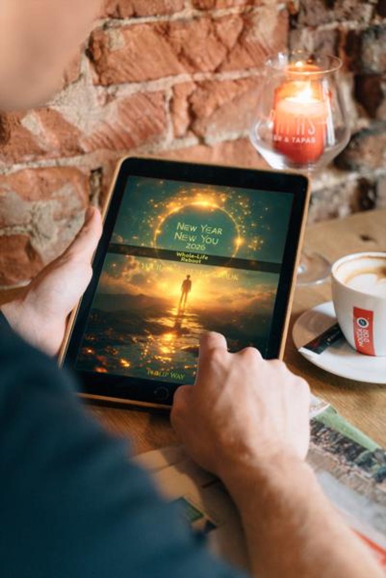 Może przedstawiać: Osoba trzymająca tablet z tekstem "New Year New You 2020 Whole-Life Reboot" ze zdjęciem zachodu słońca. Na stole zapalona świeca i filiżanka kawy. Tło to ceglana ściana.