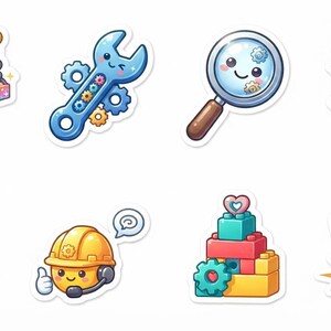 Puede incluir: Un conjunto de ocho pegatinas de dibujos animados con elementos de construcci&oacute;n, incluyendo una gr&uacute;a amarilla, una llave inglesa azul, una lupa, un engranaje con un personaje, un cintur&oacute;n de herramientas con la etiqueta BUILD, un trabajador con casco, bloques apilados y una buj&iacute;a con la etiqueta ACTION.