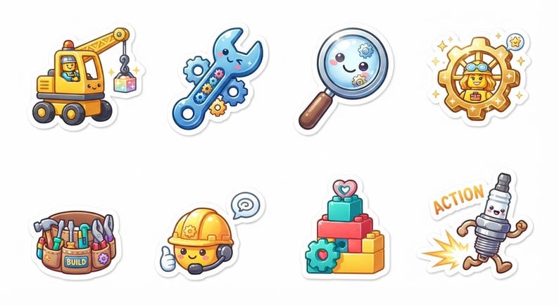 Puede incluir: Un conjunto de ocho pegatinas de dibujos animados con elementos de construcci&oacute;n, incluyendo una gr&uacute;a amarilla, una llave inglesa azul, una lupa, un engranaje con un personaje, un cintur&oacute;n de herramientas con la etiqueta BUILD, un trabajador con casco, bloques apilados y una buj&iacute;a con la etiqueta ACTION.