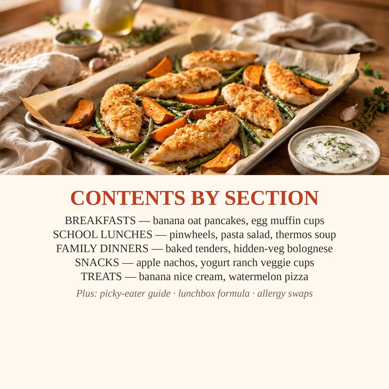 May include: A baking sheet with breaded chicken tenders, green beans, and sweet potato wedges, next to a bowl of dip. The text reads: CONTENTS BY SECTION, BREAKFASTS, SCHOOL LUNCHES, FAMILY DINNERS, SNACKS, TREATS, plus guides and swaps.