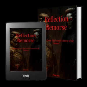 May include: A Kindle e-reader and a hardcover book are shown. Both display the title "Reflection Remorse" in red, with a dark, gothic illustration. The book's spine is white. The Kindle is black.