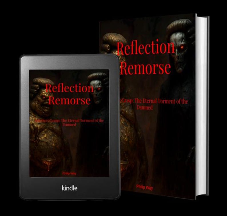 May include: A Kindle e-reader and a hardcover book are displayed. Both feature the title "Reflection Remorse" in red, with a dark, gothic illustration. The book's spine is white. The Kindle is black.