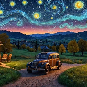 Pu&ograve; includere: Un'auto d'epoca parcheggiata davanti a una baita di legno con un cielo stellato sullo sfondo. Il cielo &egrave; dipinto in uno stile vorticoso e astratto che ricorda la Notte stellata di Van Gogh.