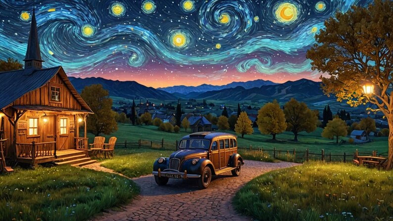 Pu&ograve; includere: Un'auto d'epoca parcheggiata davanti a una baita di legno con un cielo stellato sullo sfondo. Il cielo &egrave; dipinto in uno stile vorticoso e astratto che ricorda la Notte stellata di Van Gogh.
