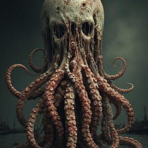 May include: A surreal digital artwork depicting a monstrous creature with a skull-like head and numerous tentacles emerging from the water. The creature's head is a pale color with dark holes, and the tentacles are a reddish-brown hue. The background is a dark, ominous seascape.