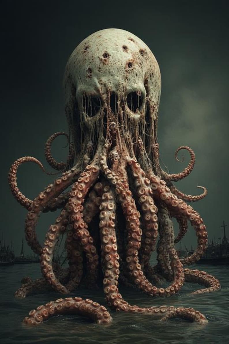 May include: A surreal digital artwork depicting a monstrous creature with a skull-like head and numerous tentacles emerging from the water. The creature's head is a pale color with dark holes, and the tentacles are a reddish-brown hue. The background is a dark, ominous seascape.
