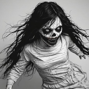 May include: A monochrome illustration of a terrifying figure with long, flowing black hair and a skeletal face. The figure is wearing a white, long-sleeved garment and appears to be lunging forward, creating a sense of movement and dread.