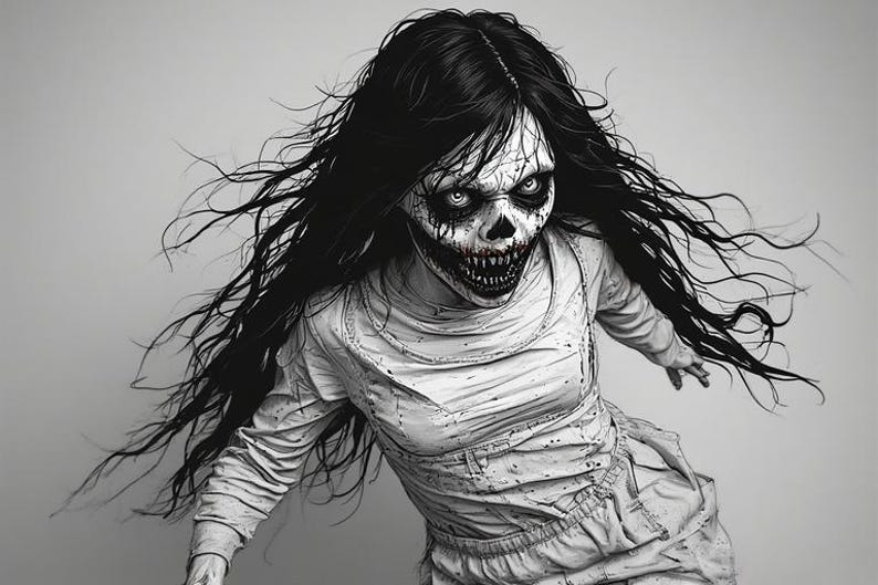 May include: A monochrome illustration of a terrifying figure with long, flowing black hair and a skeletal face. The figure is wearing a white, long-sleeved garment and appears to be lunging forward, creating a sense of movement and dread.