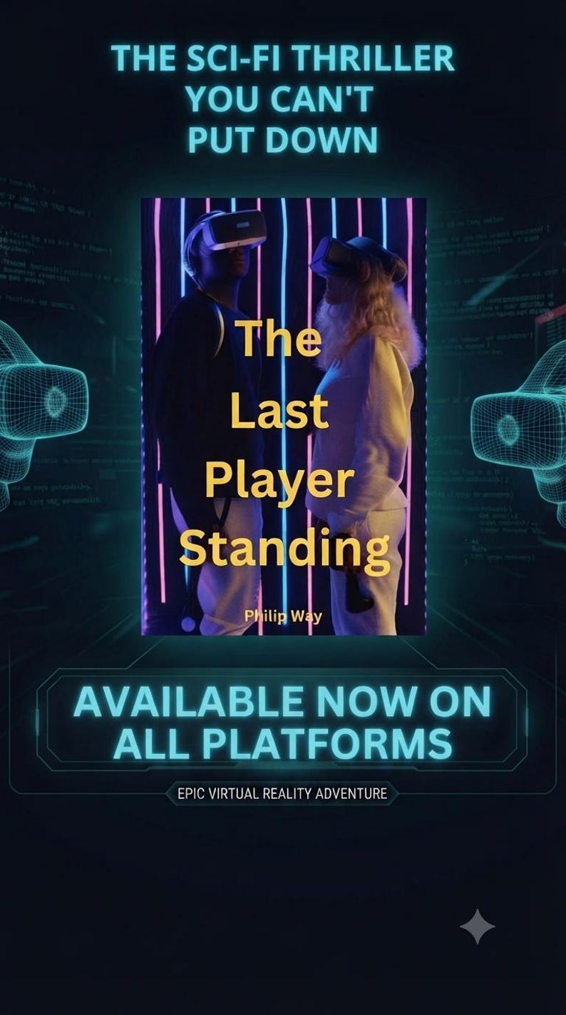 May include: A book cover titled The Last Player Standing by Philip Way, featuring two individuals wearing VR headsets against a background of vertical blue and pink neon lights. The text reads THE SCI-FI THRILLER YOU CAN'T PUT DOWN and AVAILABLE NOW ON ALL PLATFORMS.