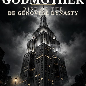 May include: A book cover titled True Crime The Godmother Rise of the De Genovese Dynasty by Philip Way. The image features a tall, illuminated skyscraper at night under a cloudy, dark sky, with a street lamp on a wet city street below.