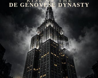 Könnte beinhalten: Ein Buchcover mit dem Titel True Crime The Godmother Rise of the De Genovese Dynasty von Philip Way. Das Bild zeigt einen beleuchteten Wolkenkratzer bei Nacht unter einem dunklen, bewölkten Himmel und eine Straßenlaterne auf einer nassen Straße.