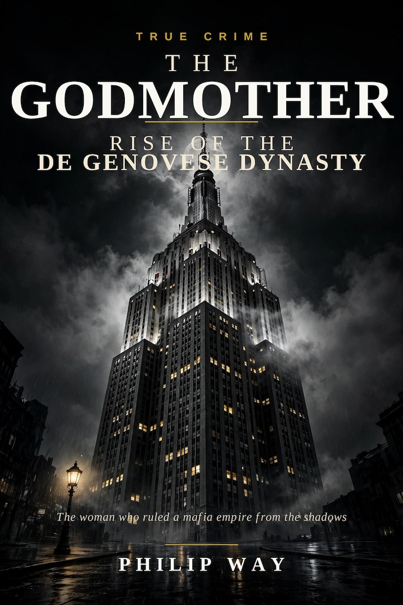 K&ouml;nnte beinhalten: Ein Buchcover mit dem Titel True Crime The Godmother Rise of the De Genovese Dynasty von Philip Way. Das Bild zeigt einen beleuchteten Wolkenkratzer bei Nacht unter einem dunklen, bew&ouml;lkten Himmel und eine Stra&szlig;enlaterne auf einer nassen Stra&szlig;e.