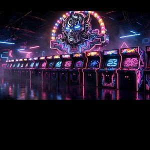 May include: A row of illuminated arcade cabinets in a dark room with neon pink and blue lighting. A large, glowing robotic head emblem is mounted on the wall above the machines, which feature vibrant screens and glowing geometric patterns.