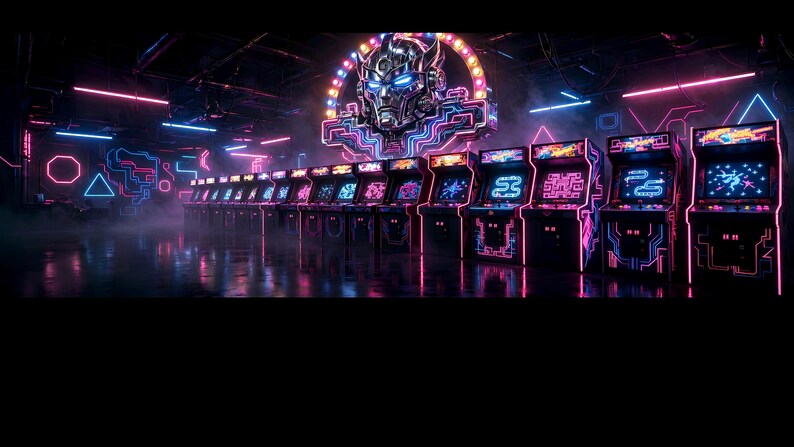 May include: A row of illuminated arcade cabinets in a dark room with neon pink and blue lighting. A large, glowing robotic head emblem is mounted on the wall above the machines, which feature vibrant screens and glowing geometric patterns.
