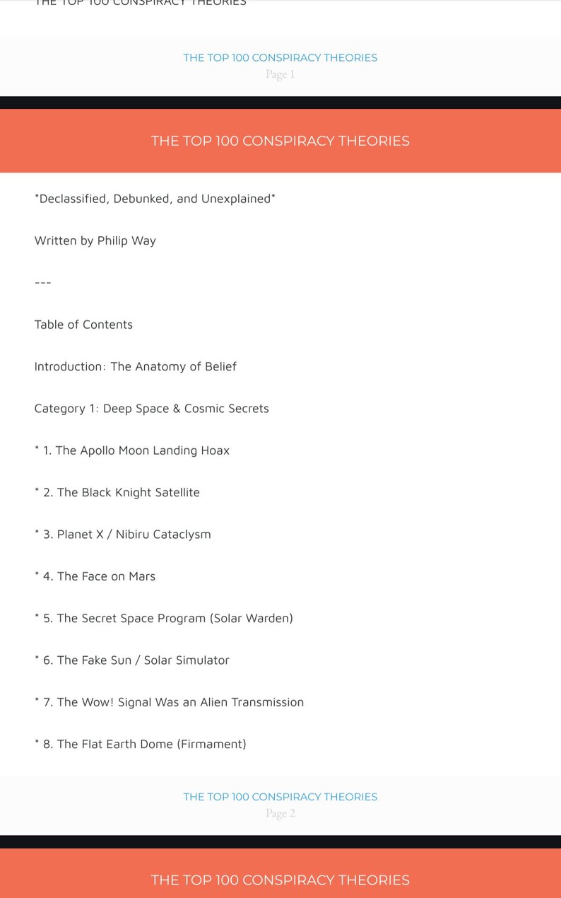 以下が含まれることがあります： フィリップ・ウェイ著『The Top 100 Conspiracy Theories』というタイトルの文書。目次には序文と「Category 1: Deep Space & Cosmic Secrets」の下に8つの項目があり、アポロ月面着陸の捏造説などのトピックが含まれています。