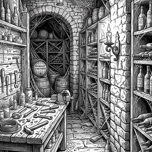 May include: A black and white line art illustration of a stone wine cellar featuring a workbench with tools, a metal vice, and shelves filled with wine bottles. A barrel is labelled Midnight Vineyards 1873. Cobwebs hang from the arched stone ceiling.