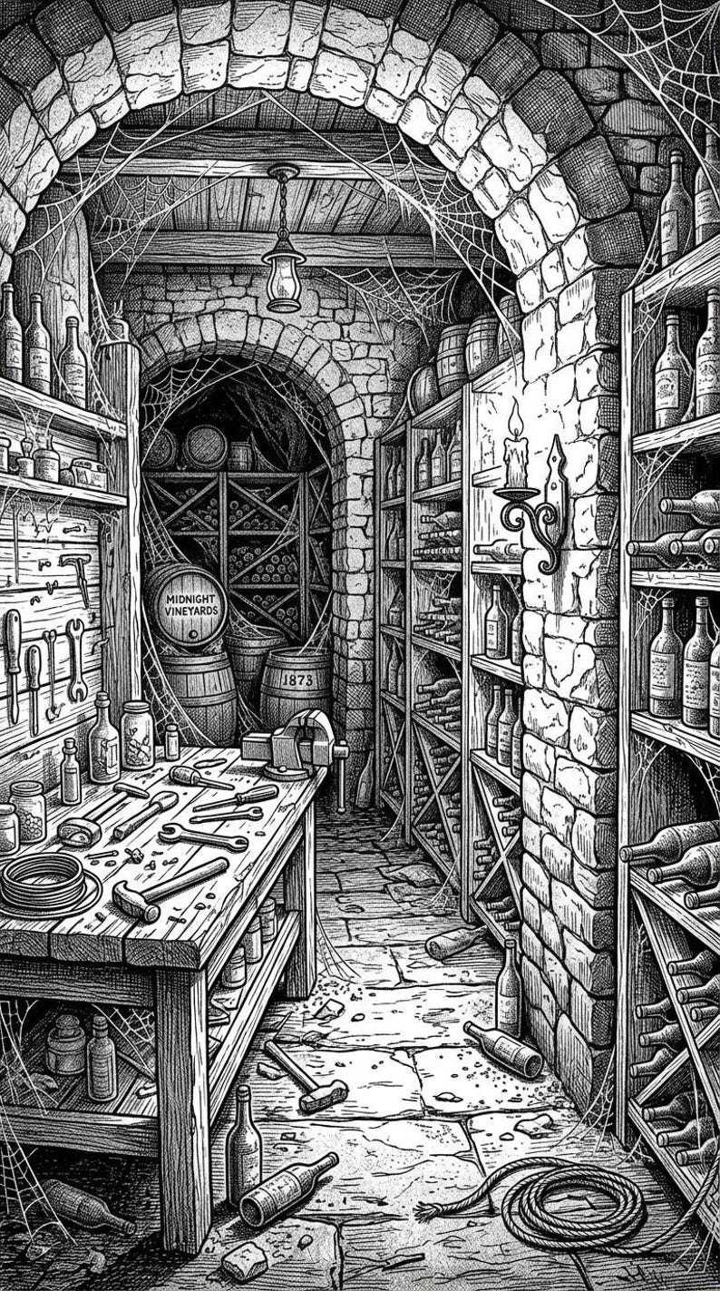 May include: A black and white line art illustration of a stone wine cellar featuring a workbench with tools, a metal vice, and shelves filled with wine bottles. A barrel is labelled Midnight Vineyards 1873. Cobwebs hang from the arched stone ceiling.