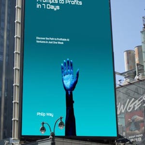 May include: A large billboard in an urban setting displays the text "AI Money Machine: Prompts to Profits in 7 Days." The image features a blue robotic hand reaching upwards against a teal background. The author's name, Philip Way, is also visible.