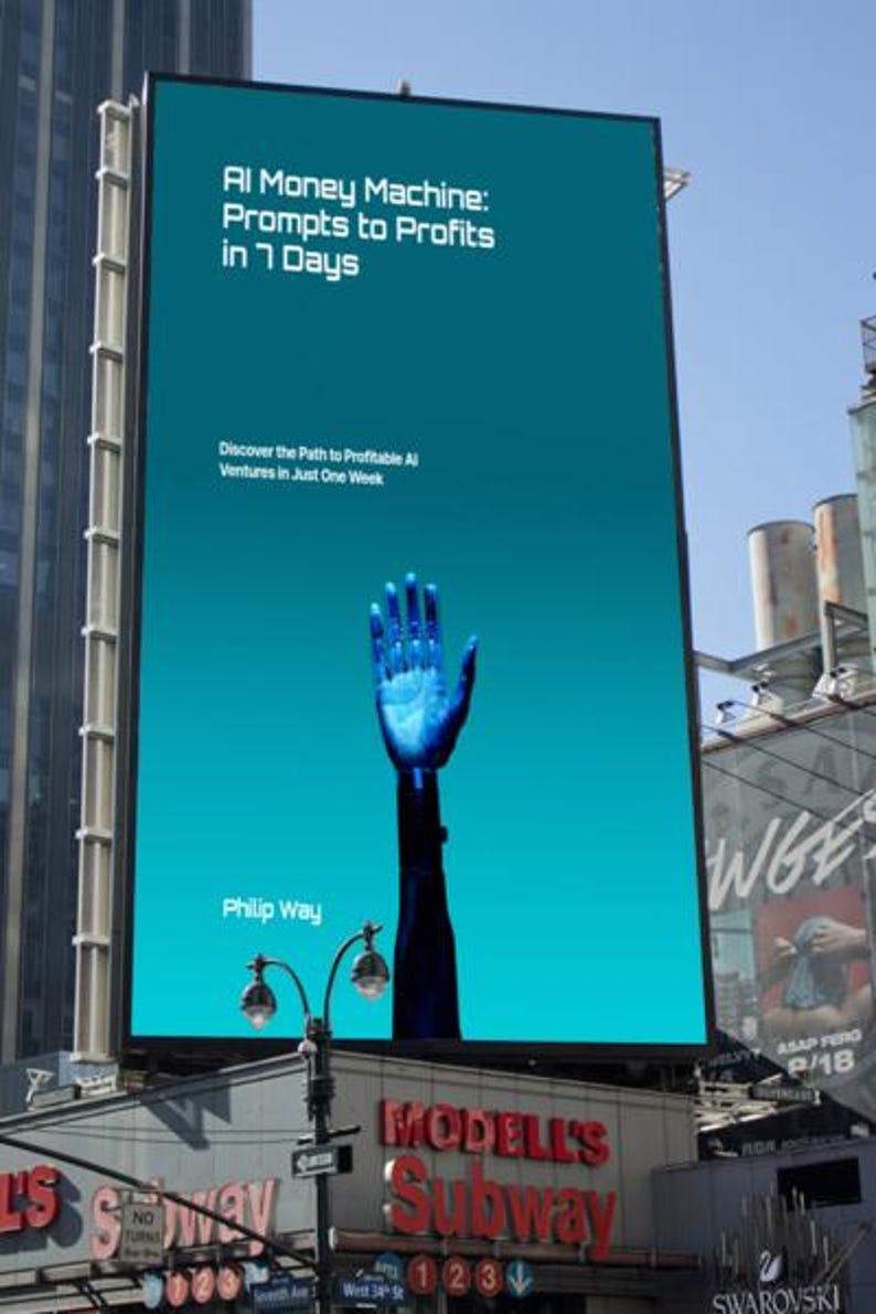 May include: A large billboard in an urban setting displays the text "AI Money Machine: Prompts to Profits in 7 Days." The image features a blue robotic hand reaching upwards against a teal background. The author's name, Philip Way, is also visible.