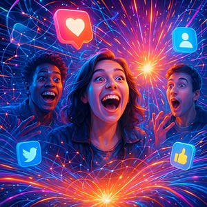 May include: Digital art depicting three people with wide-eyed expressions of excitement, surrounded by social media icons like a heart, a thumbs up, a person, and a Twitter bird. The background features a vibrant display of colorful lines and bursts.