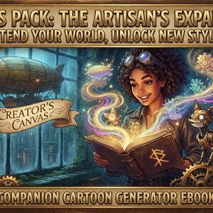 Peut inclure: Une illustration num&eacute;rique intitul&eacute;e Bonus Pack: The Artisan's Expansion, Creator's Canvas, et Companion Cartoon Generator Ebook. Elle montre une personne aux cheveux boucl&eacute;s lisant un livre lumineux, un renard m&eacute;canique et un dirigeable.