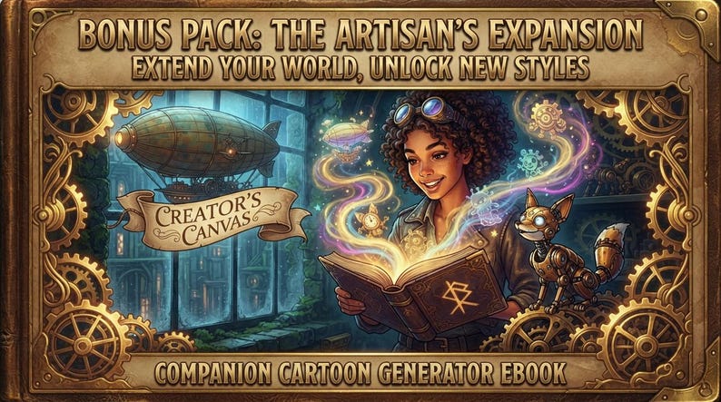 Peut inclure: Une illustration num&eacute;rique intitul&eacute;e Bonus Pack: The Artisan's Expansion, Creator's Canvas, et Companion Cartoon Generator Ebook. Elle montre une personne aux cheveux boucl&eacute;s lisant un livre lumineux, un renard m&eacute;canique et un dirigeable.