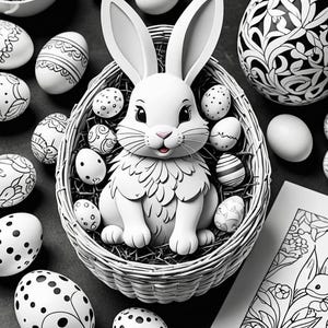 May include: A white ceramic bunny rabbit figurine sits in a woven basket filled with black and white patterned Easter eggs. The bunny has a black nose and eyes and a pink mouth. The basket is surrounded by more black and white patterned eggs.