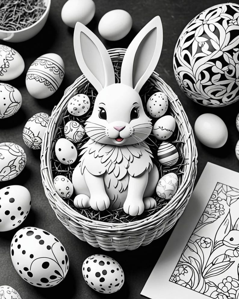 May include: A white ceramic bunny rabbit figurine sits in a woven basket filled with black and white patterned Easter eggs. The bunny has a black nose and eyes and a pink mouth. The basket is surrounded by more black and white patterned eggs.