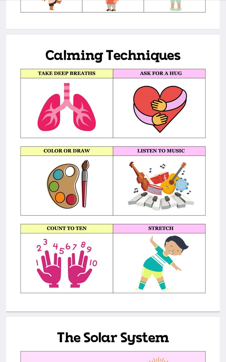 May include: A colorful chart with calming techniques for children. The chart includes illustrations of taking deep breaths, asking for a hug, coloring or drawing, listening to music, counting to ten, and stretching.
