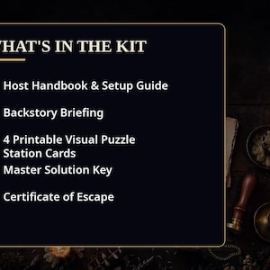 K&ouml;nnte beinhalten: Ein dunkles rechteckiges Schild mit goldenem Text, der WHAT'S IN THE KIT lautet, gefolgt von einer Liste: Host Handbook & Setup Guide, Backstory Briefing, 4 Printable Visual Puzzle Station Cards, Master Solution Key und Certificate of Escape.