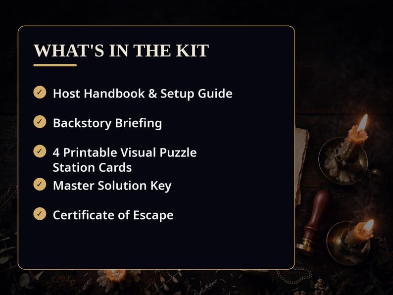 K&ouml;nnte beinhalten: Ein dunkles rechteckiges Schild mit goldenem Text, der WHAT'S IN THE KIT lautet, gefolgt von einer Liste: Host Handbook & Setup Guide, Backstory Briefing, 4 Printable Visual Puzzle Station Cards, Master Solution Key und Certificate of Escape.