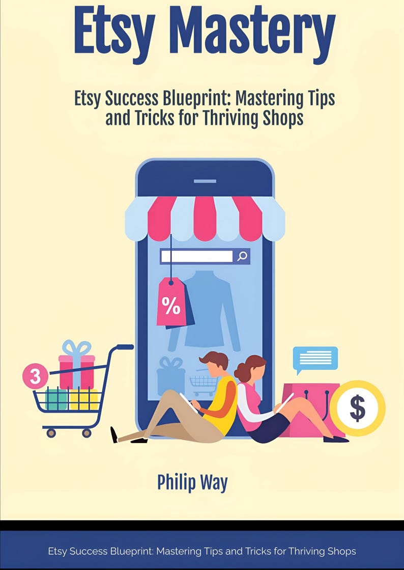 May include: A book cover titled Etsy Mastery: Etsy Success Blueprint: Mastering Tips and Tricks for Thriving Shops by Philip Way. It features a smartphone with a shop awning, a shopping cart, a dollar sign, and two people sitting.