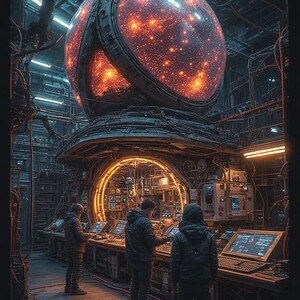 Op de afbeelding: Een futuristisch interieur met een grote, gloeiende bol boven een controlekamer. Drie mensen staan bij consoles, omringd door machines en schermen. De sc&egrave;ne is donker en industrieel, met een complex netwerk van pijpen en draden.