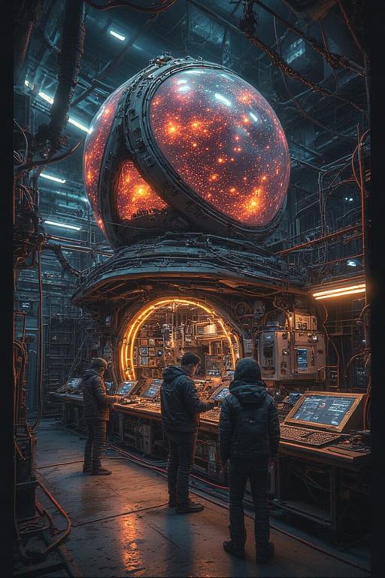 Op de afbeelding: Een futuristisch interieur met een grote, gloeiende bol boven een controlekamer. Drie mensen staan bij consoles, omringd door machines en schermen. De sc&egrave;ne is donker en industrieel, met een complex netwerk van pijpen en draden.
