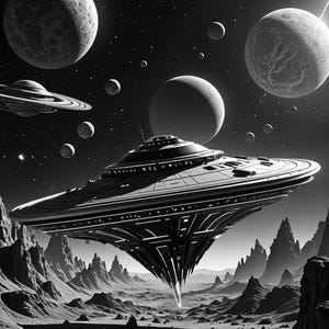 Pu&ograve; includere: Arte digitale in bianco e nero di una scena futuristica con dischi volanti che sorvolano un paesaggio roccioso alieno. Diversi pianeti e corpi celesti sono visibili nel cielo stellato, creando un tema di fantascienza.