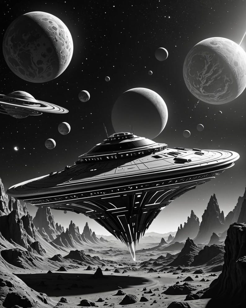 Pu&ograve; includere: Arte digitale in bianco e nero di una scena futuristica con dischi volanti che sorvolano un paesaggio roccioso alieno. Diversi pianeti e corpi celesti sono visibili nel cielo stellato, creando un tema di fantascienza.