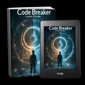 May include: A book and a Kindle e-reader displaying the cover art for "Code Breaker: A Journey of the Ages" by Philip Way. The cover features a silhouetted figure against a backdrop of a split-toned, circular design with blue and orange hues. The Kindle is black.