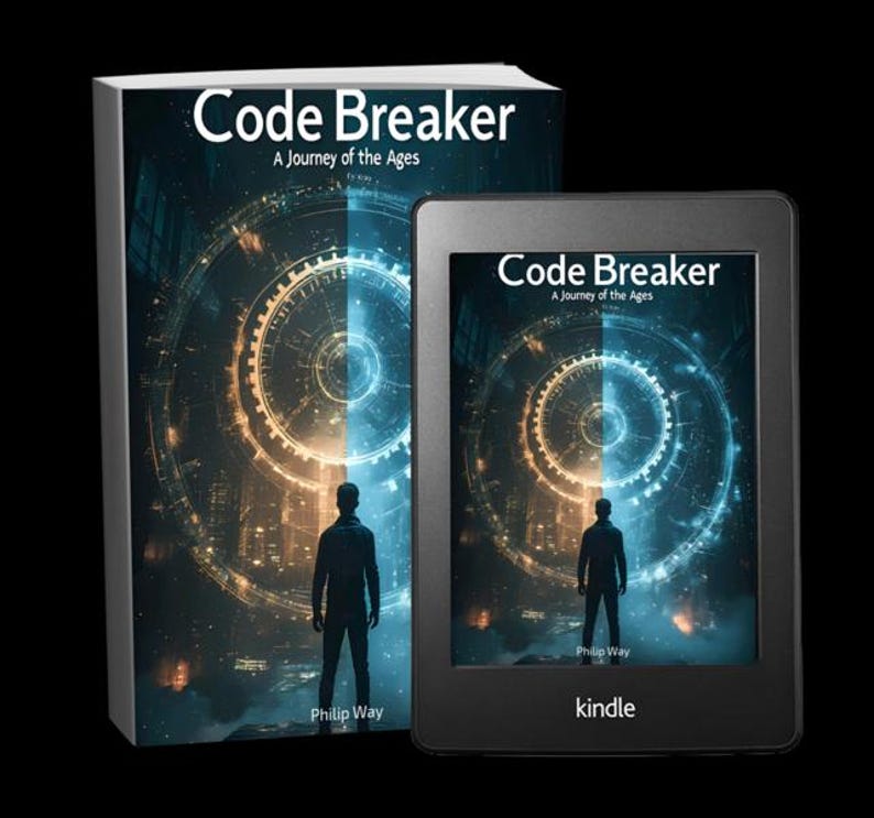 May include: A book and a Kindle e-reader displaying the cover art for "Code Breaker: A Journey of the Ages" by Philip Way. The cover features a silhouetted figure against a backdrop of a split-toned, circular design with blue and orange hues. The Kindle is black.