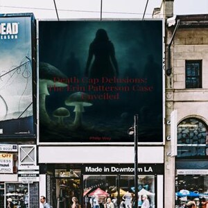 May include: A large outdoor billboard displays a dark, moody graphic featuring a central silhouette of a person, several mushrooms in the foreground, and the red text Death Cap Delusions: the Erin Patterson Case Unveiled by Philip Way.