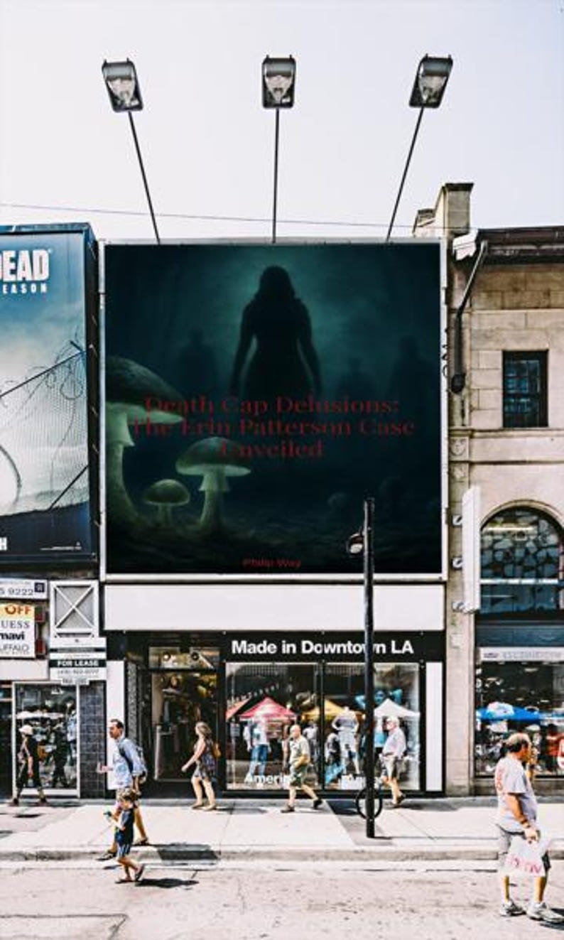 May include: A large outdoor billboard displays a dark, moody graphic featuring a central silhouette of a person, several mushrooms in the foreground, and the red text Death Cap Delusions: the Erin Patterson Case Unveiled by Philip Way.