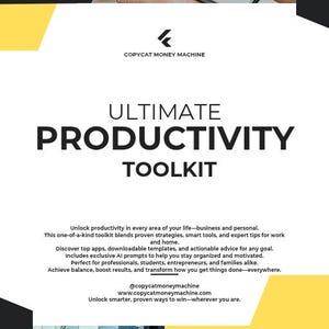 May include: A promotional image for the "Ultimate Productivity Toolkit" featuring a calculator, charts, and text. The design incorporates yellow and black geometric shapes. The toolkit promises to help users achieve balance and boost results.