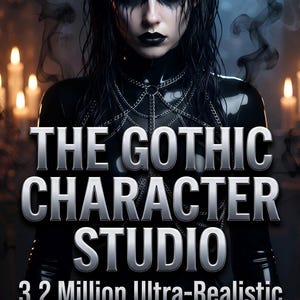 May include: A digital book cover titled THE GOTHIC CHARACTER STUDIO 3.2 Million Ultra-Realistic Goth Girl Prompts By Philip Way. The image features a person with dark hair, black makeup, and a black latex outfit with silver chains.