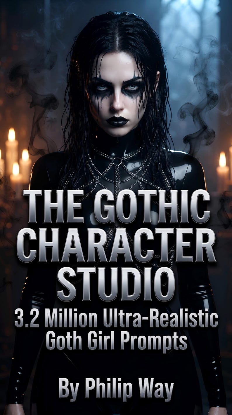 May include: A digital book cover titled THE GOTHIC CHARACTER STUDIO 3.2 Million Ultra-Realistic Goth Girl Prompts By Philip Way. The image features a person with dark hair, black makeup, and a black latex outfit with silver chains.