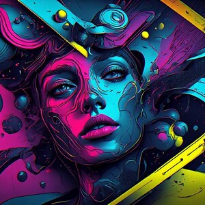 May include: Abstract digital art portrait of a person with vibrant pink and blue hues. The artwork features a stylized face with bold lines and geometric shapes, creating a striking visual effect. The colour palette includes shades of pink, blue, yellow, and black.