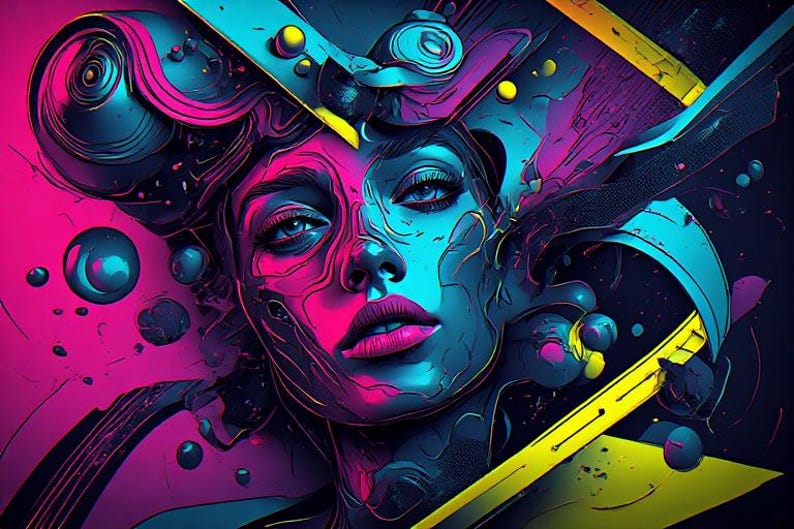 May include: Abstract digital art portrait of a person with vibrant pink and blue hues. The artwork features a stylized face with bold lines and geometric shapes, creating a striking visual effect. The colour palette includes shades of pink, blue, yellow, and black.