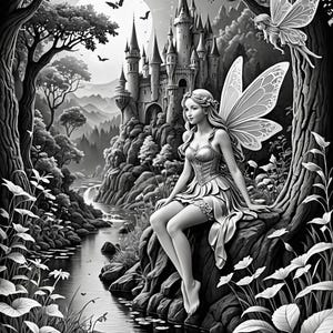 May include: A black and white illustration of a fairy sitting on a rock by a stream. The fairy has wings and a flower crown. In the background is a castle and a full moon.